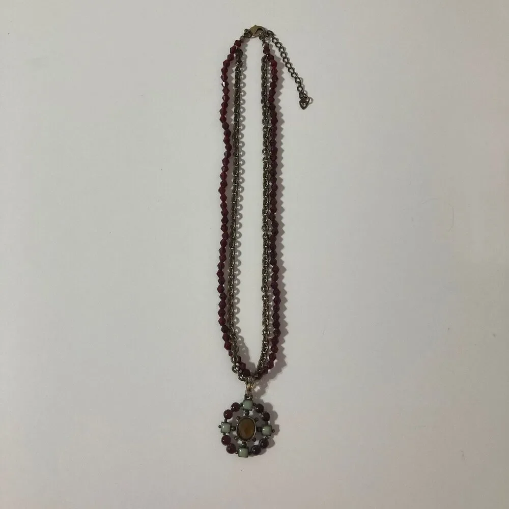 Maroon Mint Amber Bronze Tone Layered Chain Beaded Round Oval Pendant Necklace